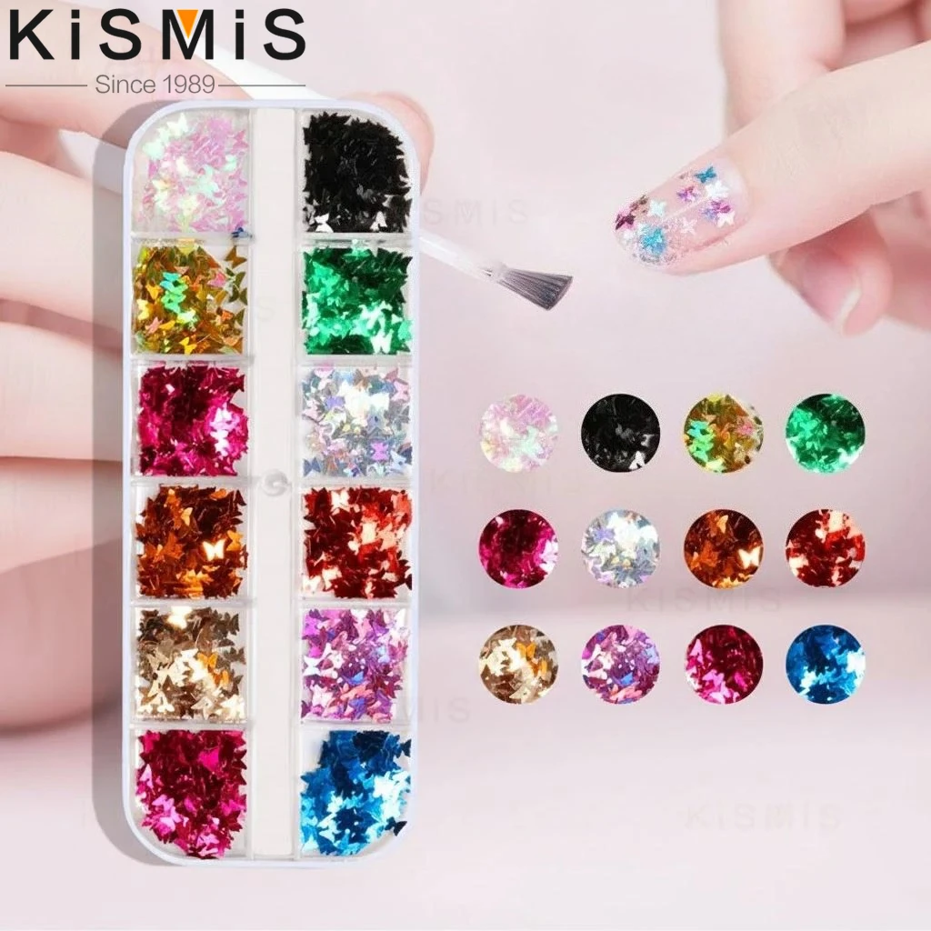 

Голографические блестки для ногтей: 3D-бабочки, круглые звезды, геометрические хлопья, декор для маникюра, 12 ячеек в коробке, для красоты и стиля