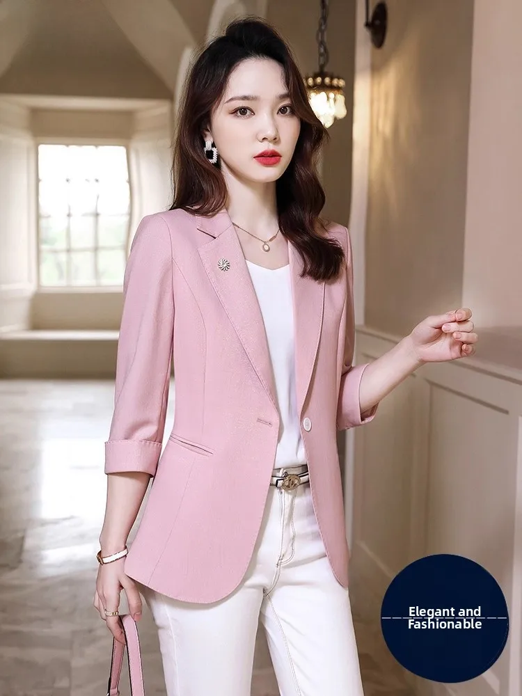

Pink Suit Jacket Women's Thin Summer Short Sleeve Casual High-End Feel Spring Autumn Commute Style Button Detail Regular Length