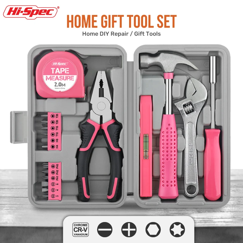 

Hi-Spec 17pc Pink Household Tool Set Hand Tool Kit Gril Lady Women Home DIY Gift Tools With Hammer Pliers Spirit Level