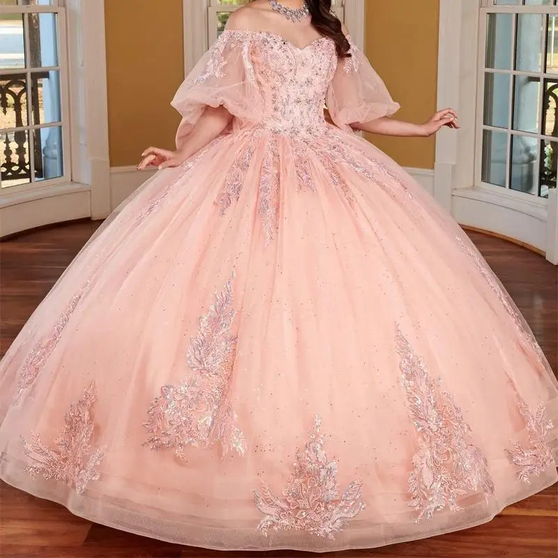 

Pink Shiny Ball Gown Quinceanera Dresses Off Shoulder Beads Tull Puff Sleeve Party Birthday Sweet 16 Vestidos 15 Customized