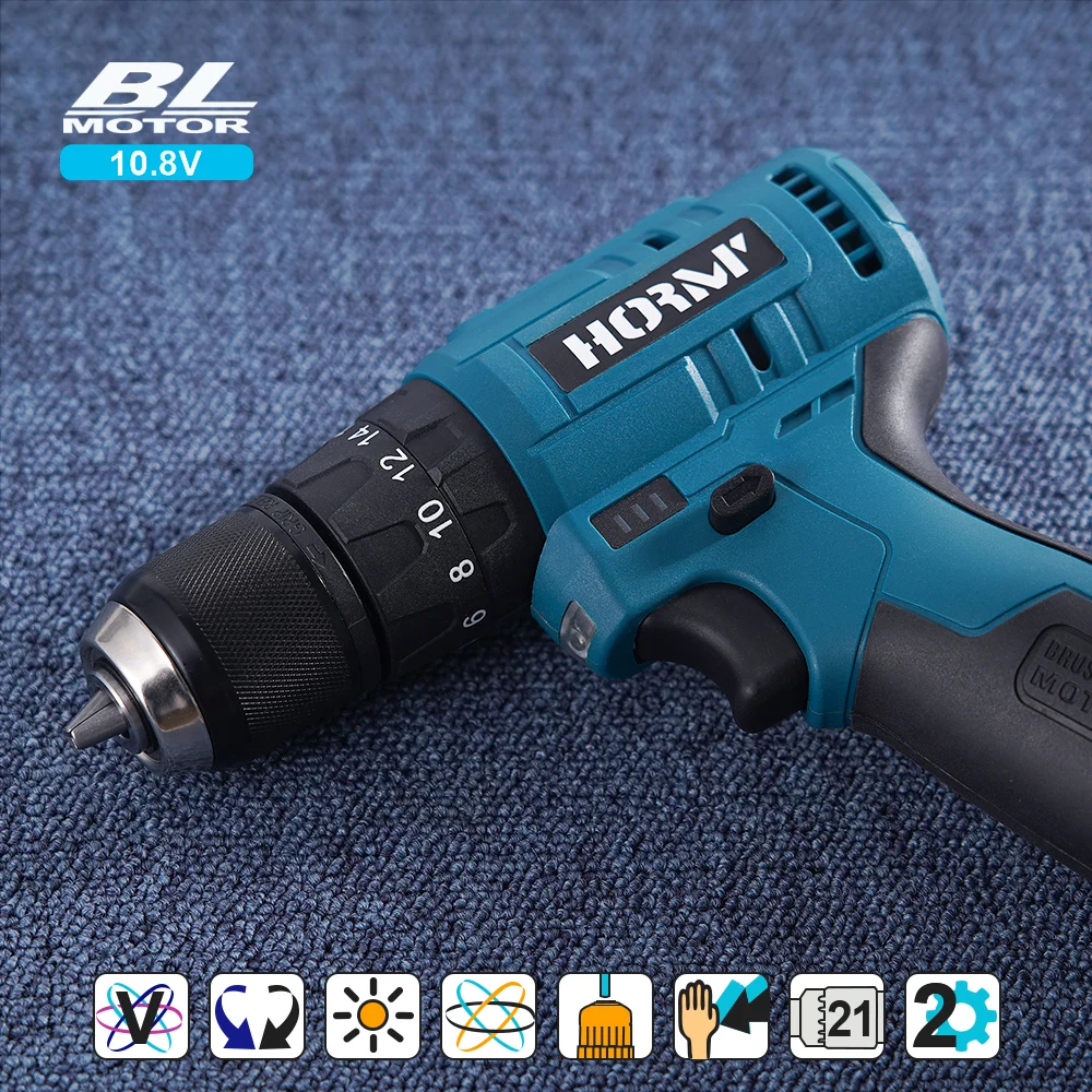 Hormy 10.8v chave de fenda elétrica furadeira elétrica ferramenta elétrica para bateria sem escova motor de alta velocidade para makita broca de percussão