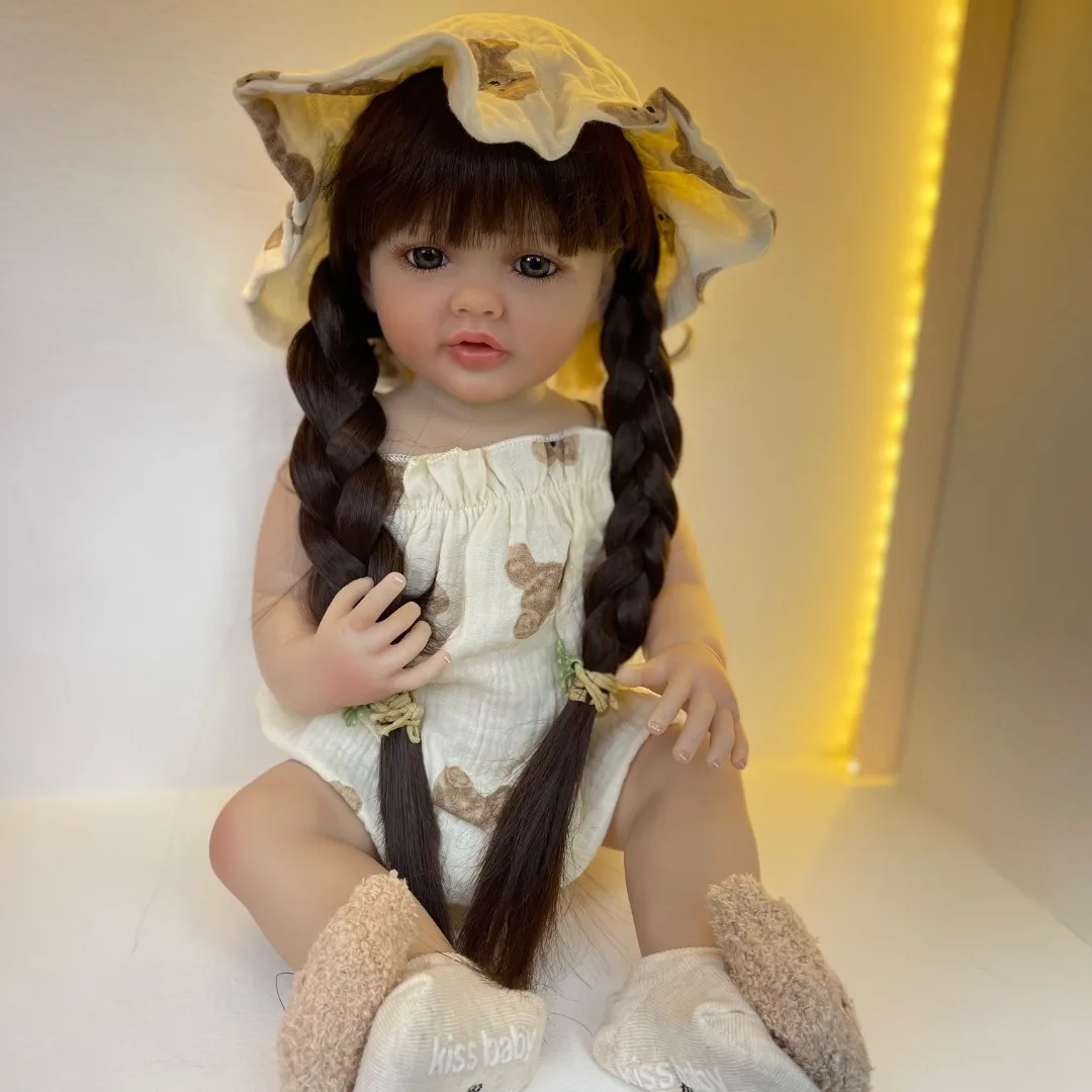 BZDOLL Realistic Lifelike Full Silicone Body Reborn Baby Girl Doll 55 CM 22inch Toy Princess Toddler Bebe with Brown Long Hair