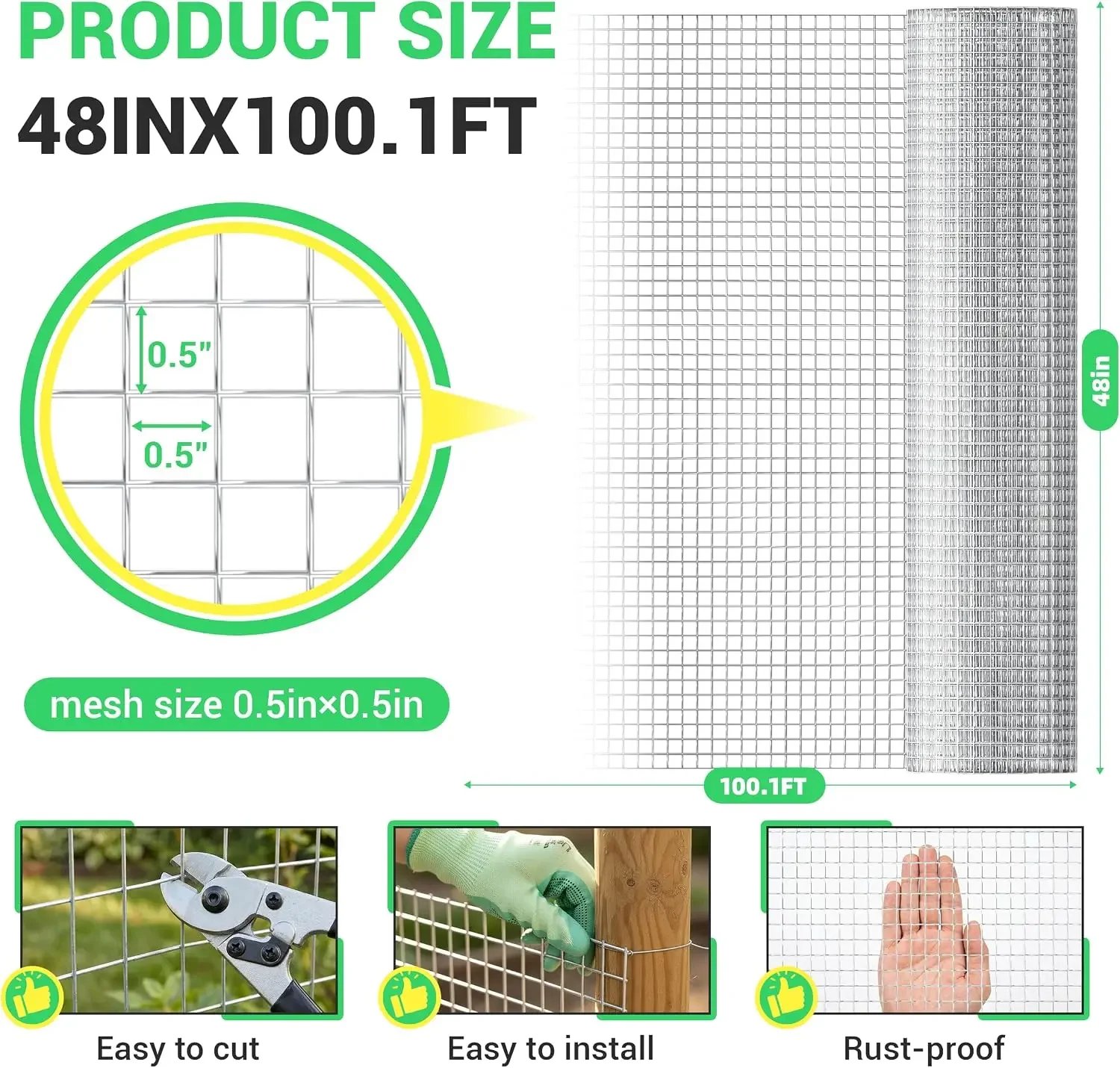 Hardware Cloth 1/2 Inch 48inx100.1ft 19 Gauge Square Chicken Wire Fence Mesh Roll Raised Garden Bed Plant Supports Poultry Netti