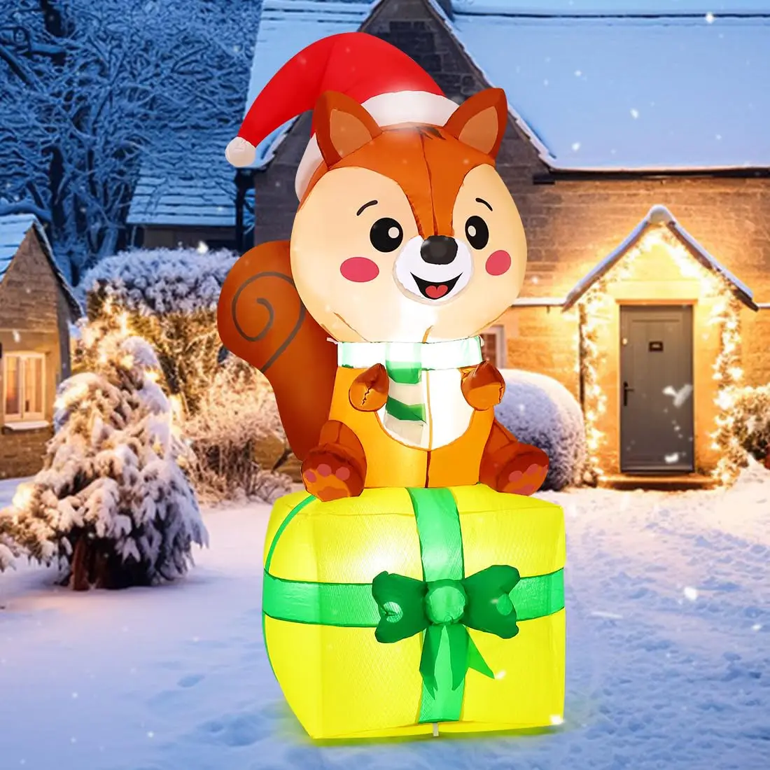 5 FT Christmas Squirrel Inflatable LED Lights Blow up Squirrel Sitting on Gift Box Factory Price Outdoor Christmas Decorations
