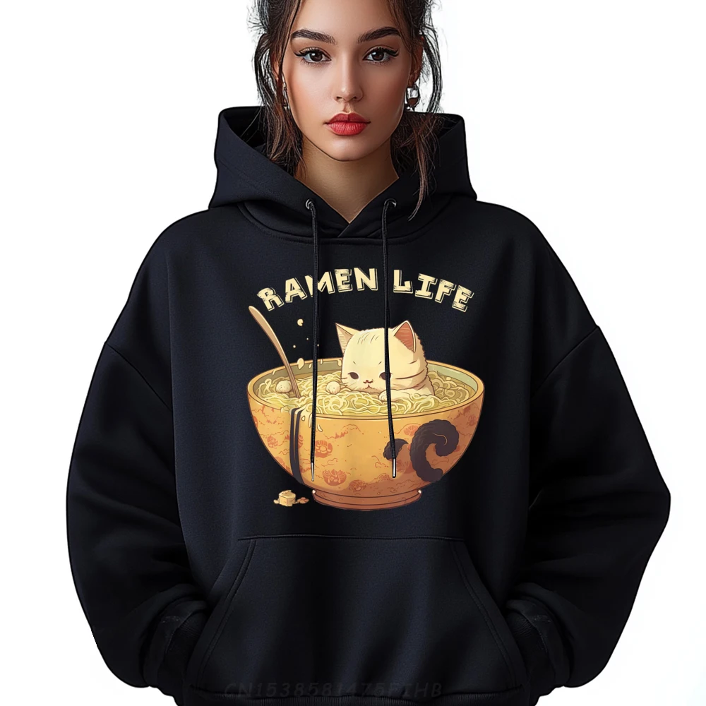 Retro Ramen Bowl Cute Cat Japanese Aesthetics Pullover Hoodies For Men Male Camisas De Hombre Korean