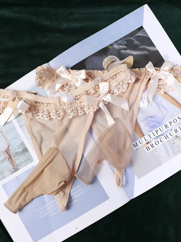 2024 Summer Sexy Low Waisted Bow Lace Splicing Underpants Men's High Elastic Ultra Thin Sheer Comfort Breathe Thong 20UQ