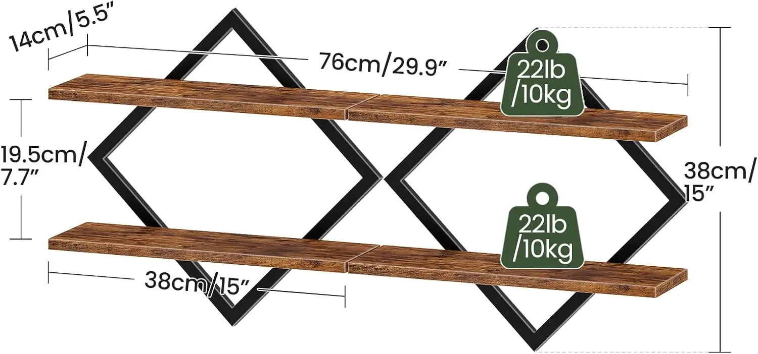 Set of 2 Wall Shelves, 2-Tier Hanging Shelves, Wall Mounted Shelves, for Living Room, Bedroom, Kitchen, Office, Study