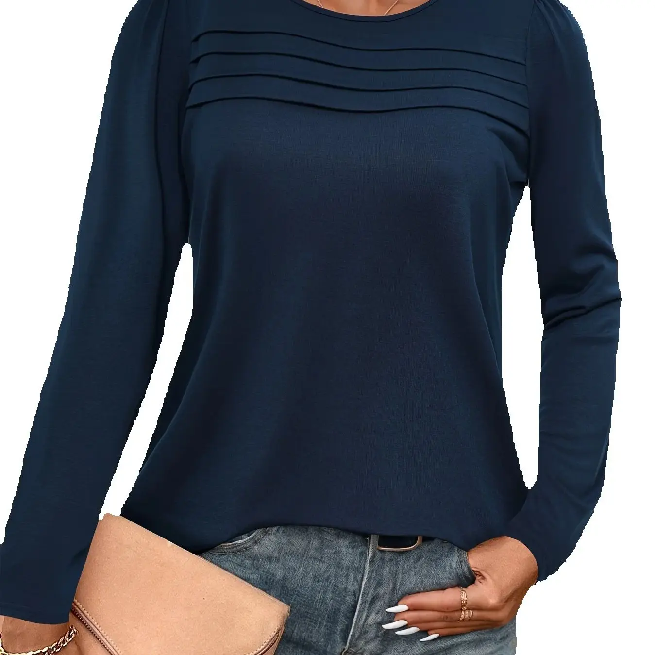 Elegantes T-Shirt mit gerichteter Zahnstocherfalte, einfarbig, Rundhalsausschnitt, raffiniertes Design, Basic-T-Shirt mit Rundhalsausschnitt für den Alltag. – Detail 6