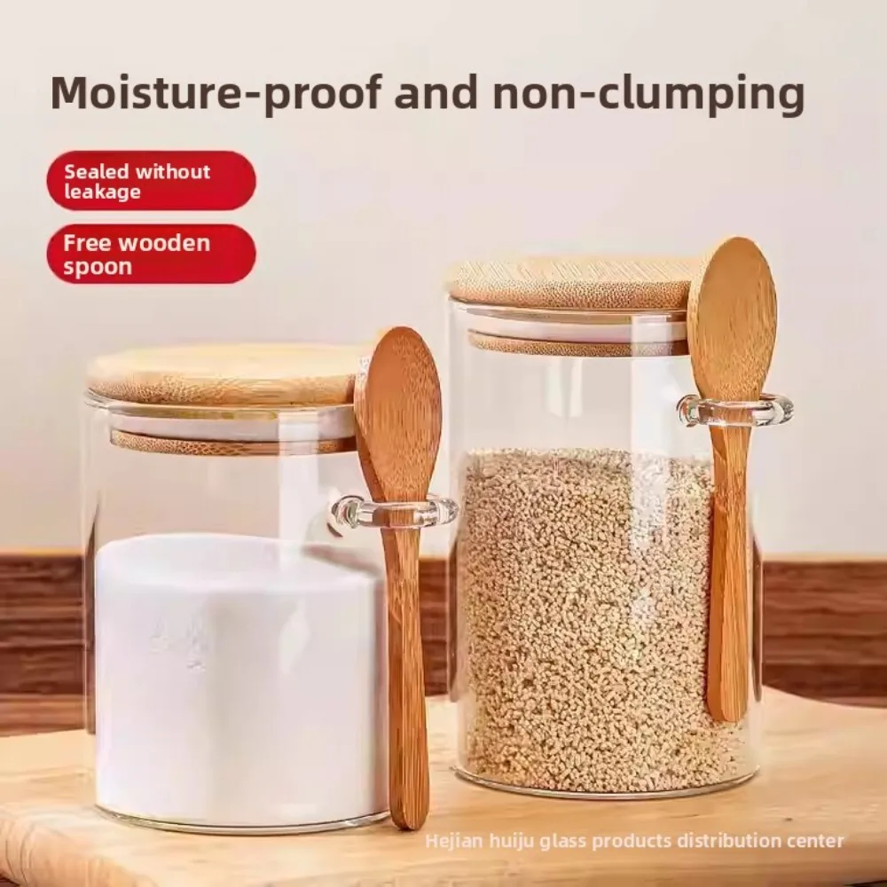 

Glass Spice Jar with Bamboo Spoon Airtight Moisture Proof Seasoning Salt Container Transparent for Grains Food Storage 124
