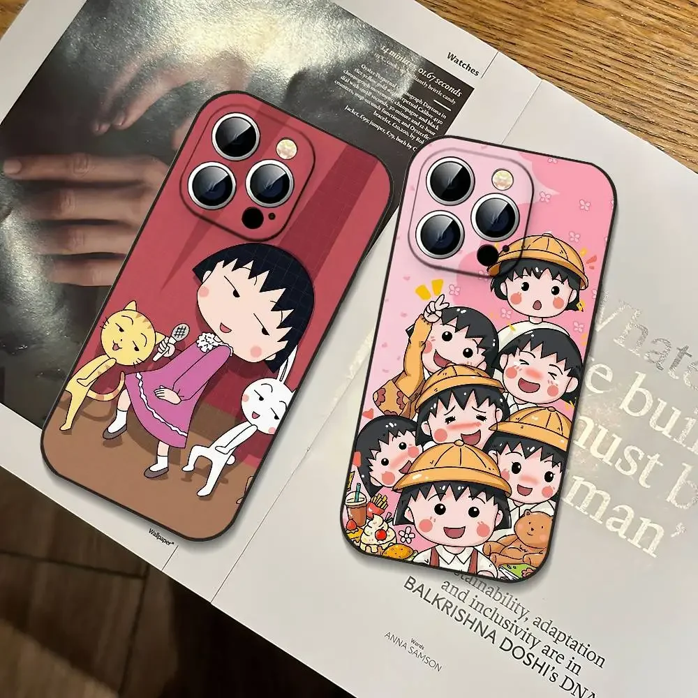 Funda Protectora Delgada Negra con Diseño de C-Chibi Maruko-chan para iPhone 17 16 15 14 13 12 11 X XR XS Max Pro Max Plus Mini