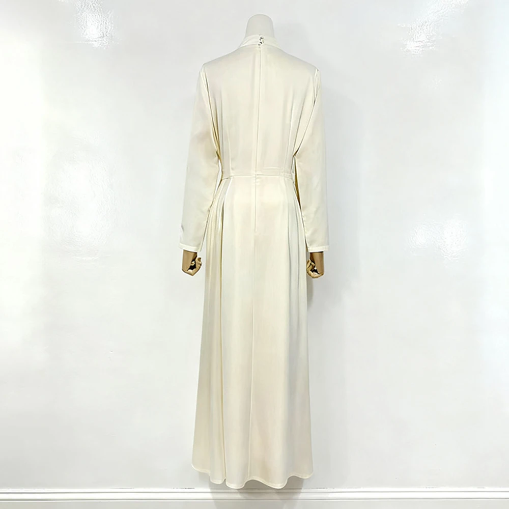 فستان ريترو مع شريط من الساتان الأزرق الداكن شرابة مطعمة الماس تنورة طويلة 2025 فستان نسائي شتاء جديد #5