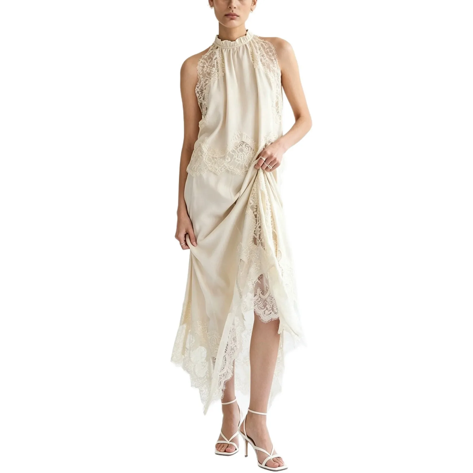Women's Sleeveless Lace Split Two-piece Set Circular Neck West Hollow Out Patchwork Women. 3045 Dress Elegant Midi Luxury