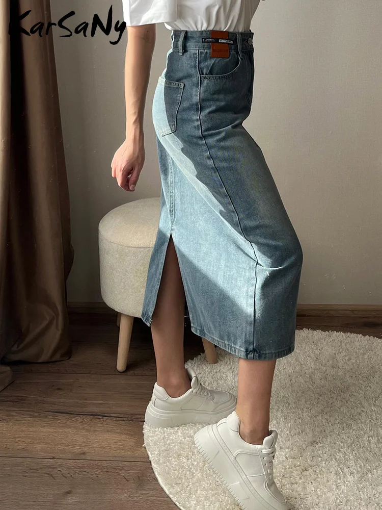 KarSaNy Women Long Denim Skirts Vintage Back Slit High Waist Jean Skirt 2024 Bodycon Maxi Blue Straight Denim Skirts For Women