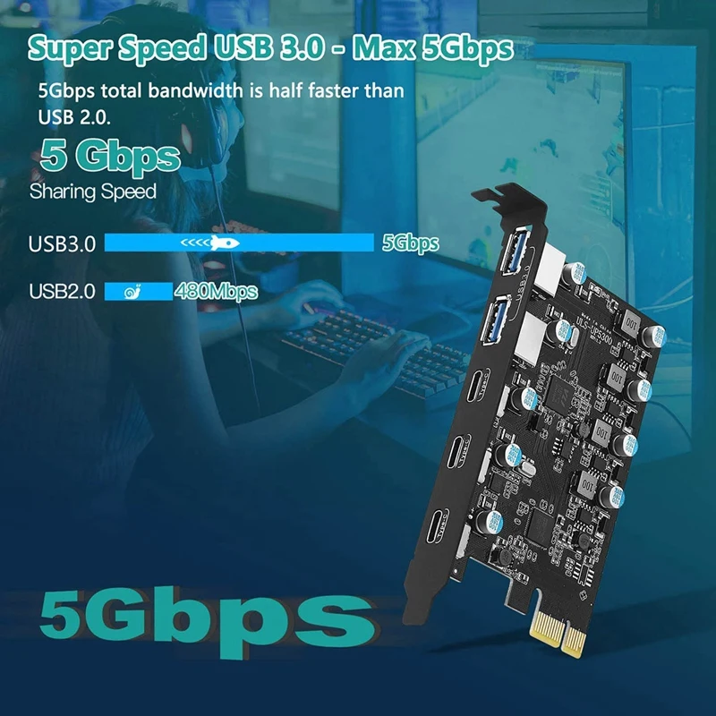 Pcie Expansion Card To 5 Port (3X USB C,2X USB 3.0-A ) PCI Express Expansion Card For Windows 10/8/7 And MAC OS 10.8.2