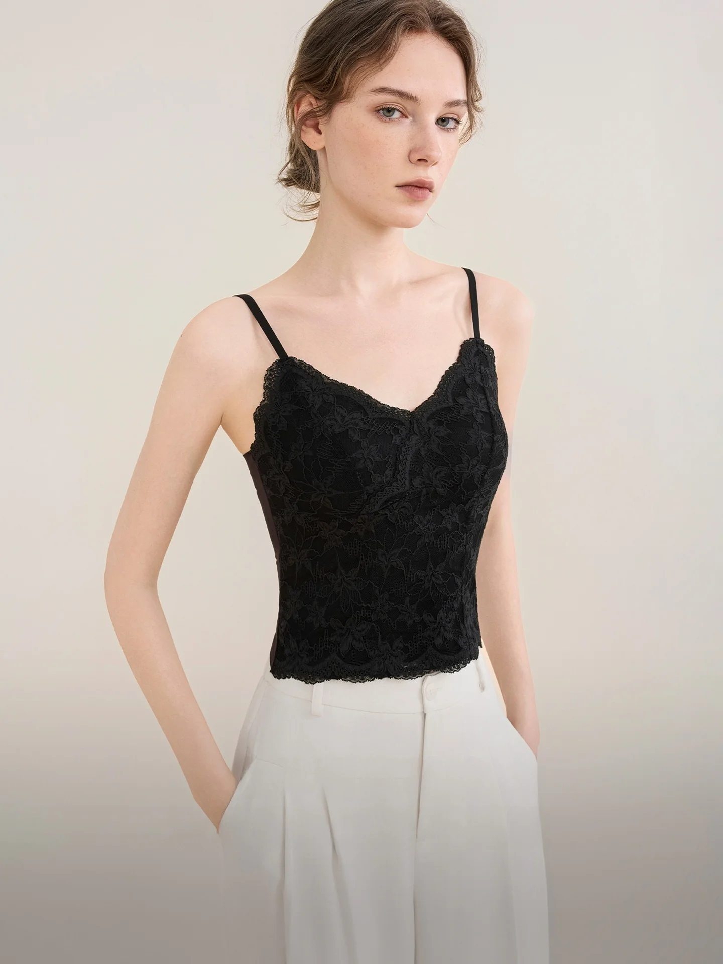 Elle Women's Lace Trim Camisole Tank Top with Chest Pad Slimming Base Layer Shirt V-neck Strap Design Casual Wear