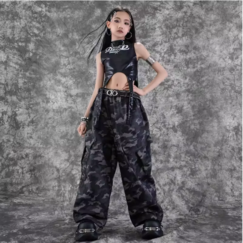 Abbigliamento per spettacoli di danza jazz per bambini Vestito da ballo Kpop Top corto nero Pantaloni cargo mimetici Moda Hip Hop Streetwear yj126