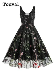 Tonval Deep V-Neck Sexy Women Vintage Long Dress Party Evening Elegant Luxury Floral Embroidered Mesh Overlay Sleeveless Dresses