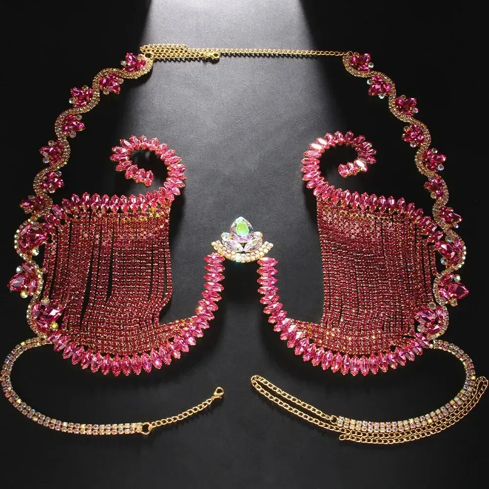 Rave Pink Crystal Chest Bracket Sexy Top Accessories for Women Nightclub Outfit Bikinis Rhinestone Bra Chain Dress Jewelry