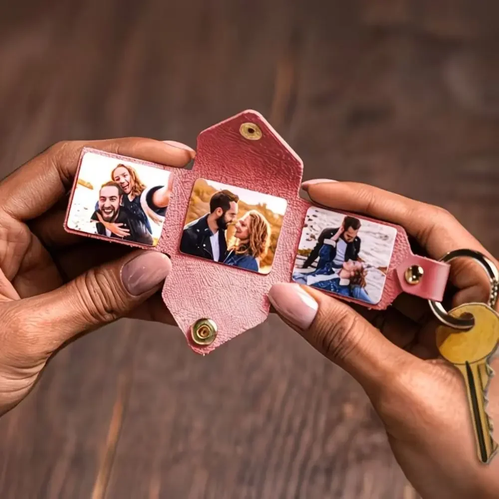 PU Leather DIY Photo Keychain Thermal Sublimation European Style Personalized Keychain Folding Style Photo Holder Keyring