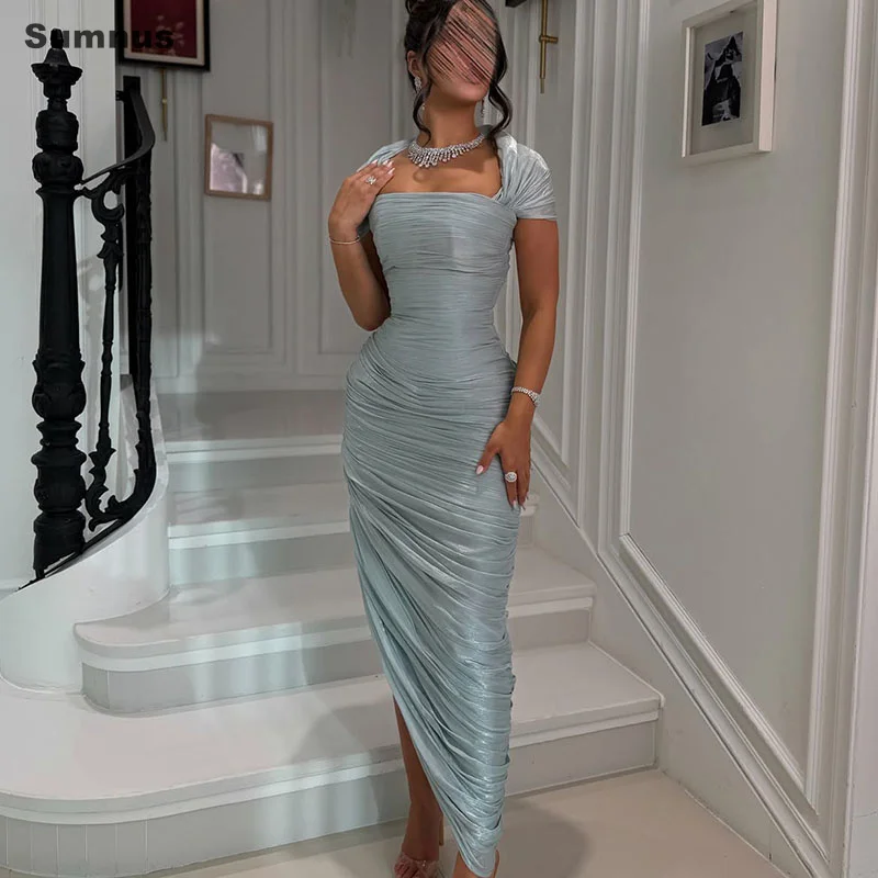 Sumnus Elegantes vestidos de fiesta estilo sirena con fruncido, color azul empolvado, plisados, midi, con cuello cuadrado, vestidos de noche, personalizados