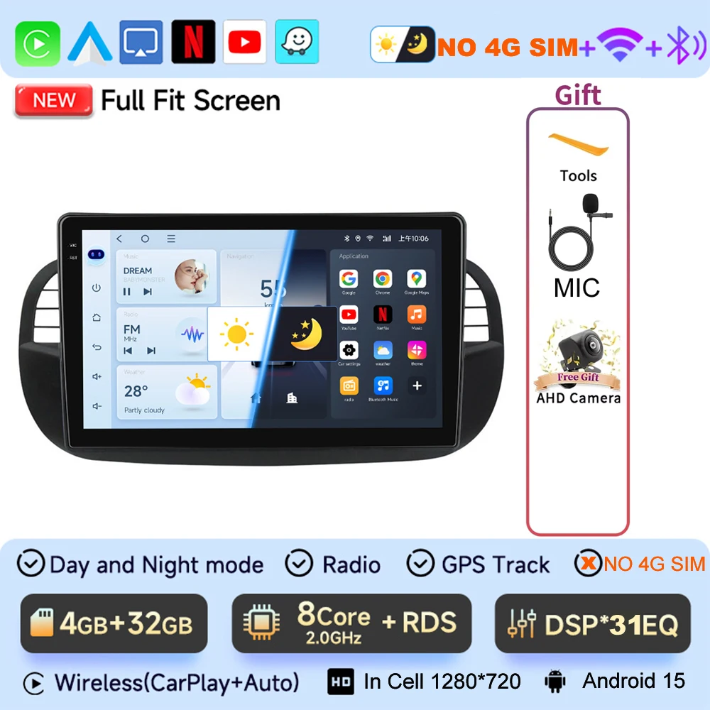JIUYIN 9 "Android 15 Autoradio Voor FIAT 500 2007-2015 Multimedia Draadloze CarPlay Android Auto GPS Navigatie 4G Stereo Scherm