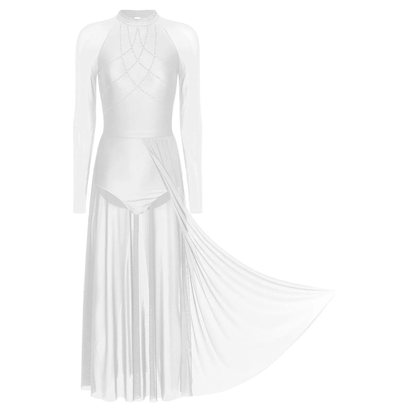 Leotardo de baile lírico moderno para mujer, vestido de manga larga con diamantes de imitación, ropa de baile de malla transparente para Ballet,