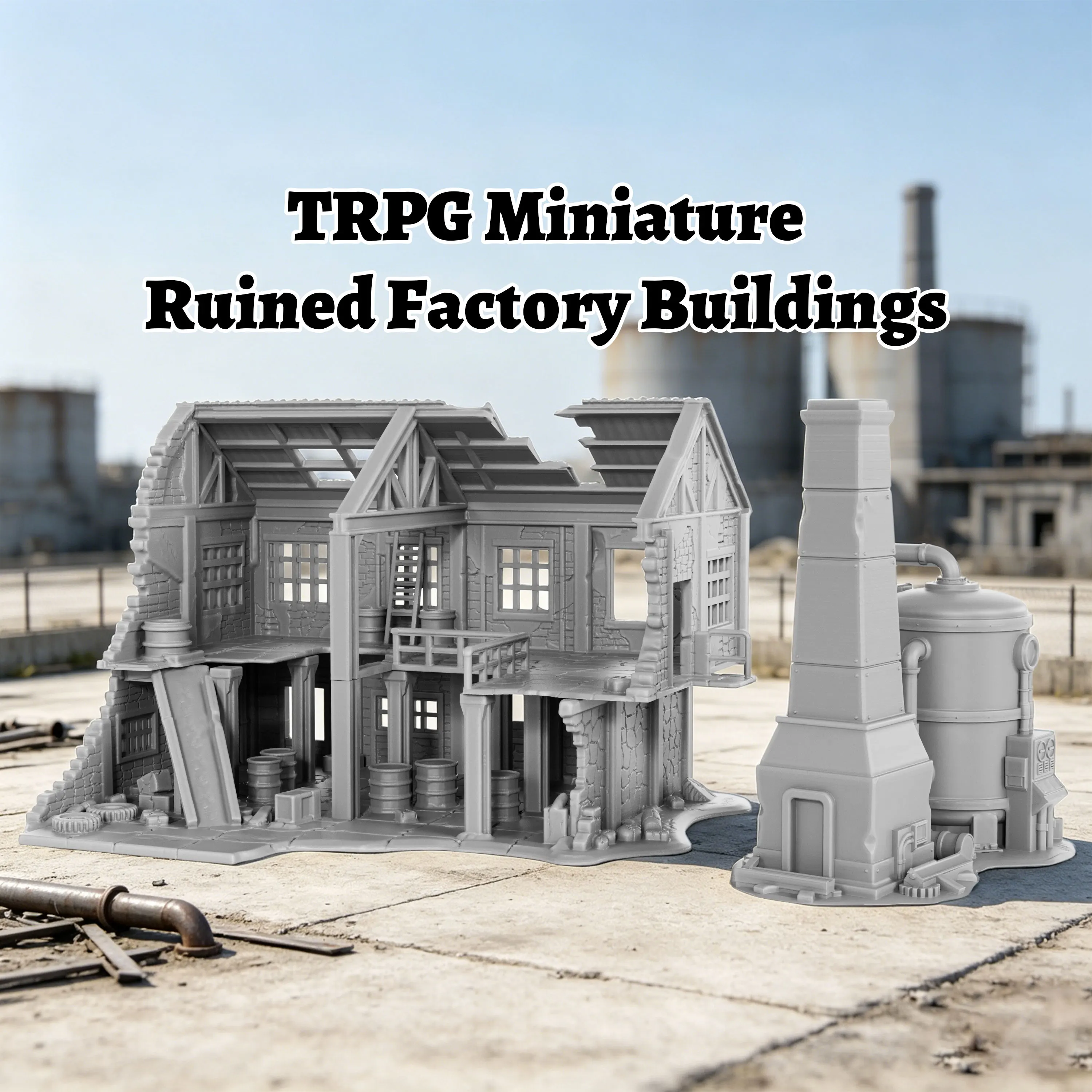 28mm Ruined Factory Miniature Model Set, Tabletop RPG Scenery Building, Industrial Abandoned Workshop Ruins Terrain for TTRPGs