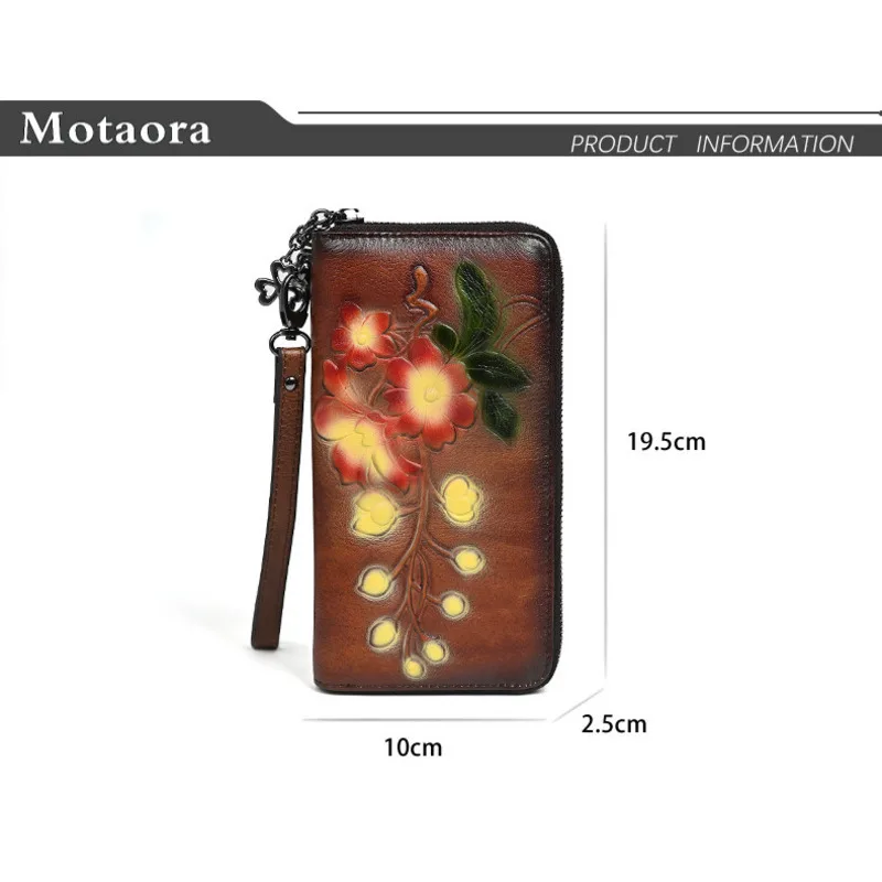 MOTAORA レディース ヴィンテージ レザー 長財布 ジッパー付き、花柄クラッチ財布、レディース用、RFIDカードホルダー レトロ リストレット ハンドバッグ