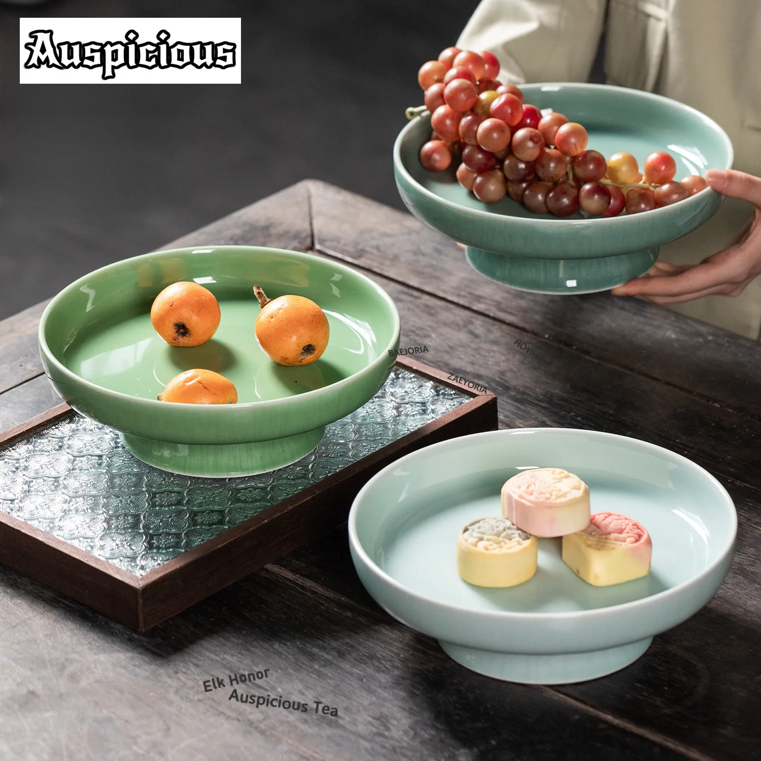 ZAEYORIA Longquan Celadon Your Pupil Fruit Dishes Vintage Pastry Plate Dim Sum Plate Household Sharing Plate Supplies Ornaments