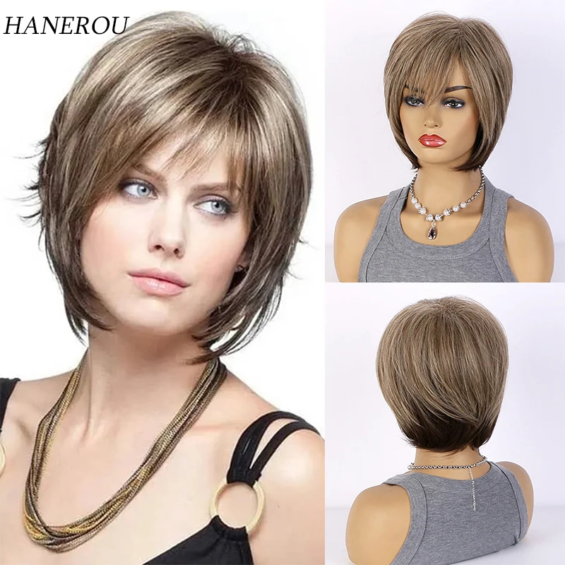 

Synthetic Black Mixed Highlight Blonde Wig Short Pixie Cut Wavy Bob Wigs with Bangs for Women Heat Resistant Fake Hair
