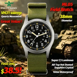 Militado New ML05 36912 Black Quartz Watch VH31 Sweep Movement Sapphire Super Luminous BGW9 100M Waterproof 38Mm Vintage Watch