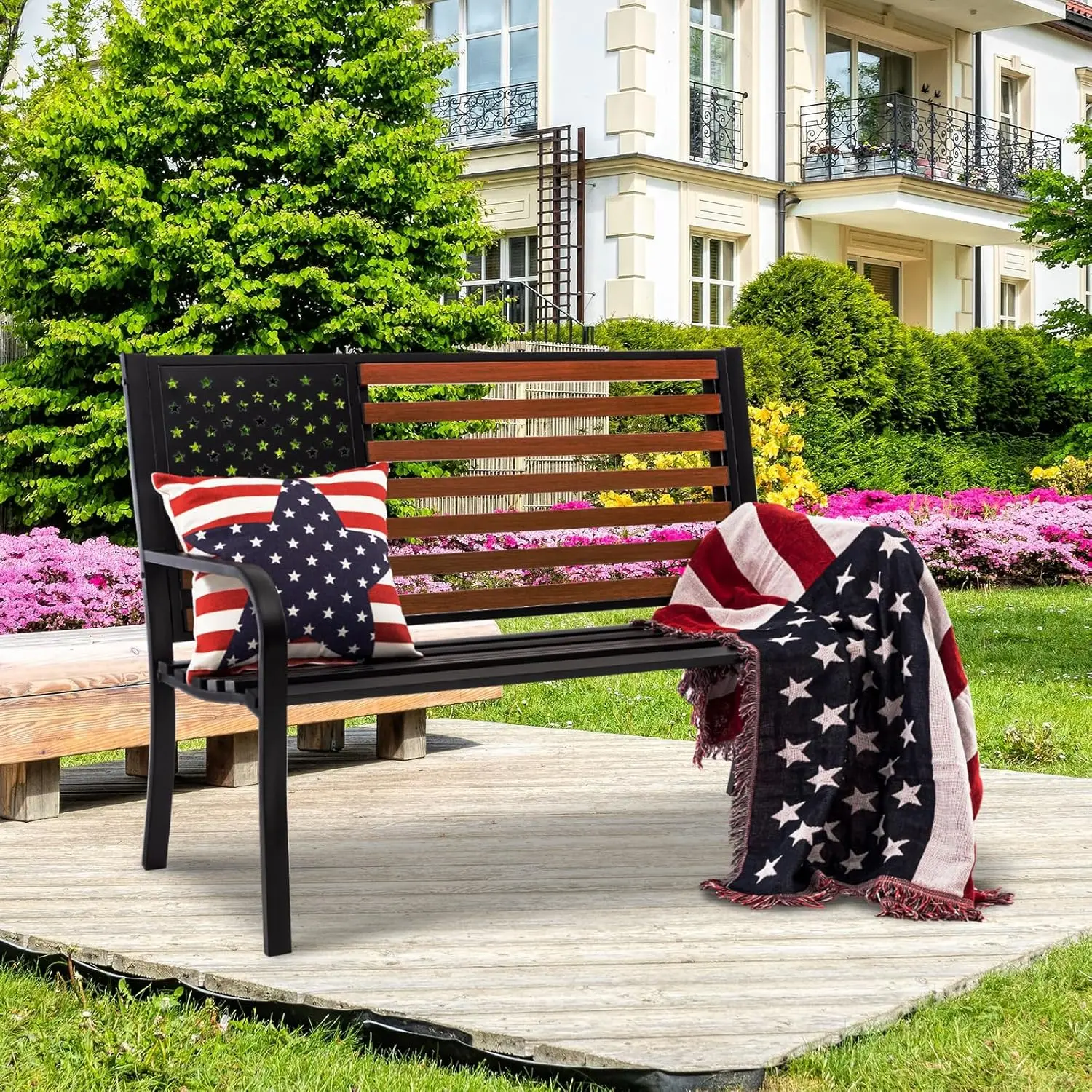 50”  Garden Bench with American Flag Style, Sturdy Cast Iron Metal Frame Patio Park Bench for Porch Yard Lawn Deck Park