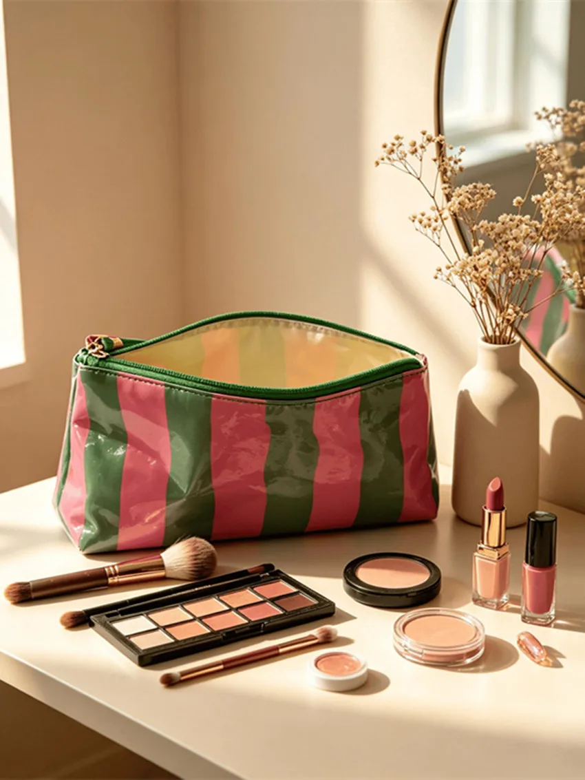 Große Kosmetiktasche mit Anhängerquaste, Aufbewahrungstasche für Kosmetik und Toilettenartikel, Aufbewahrungstasche für Studenten und den Heimgebrauch, gestreifte Kosmetiktasche, Kosmetiktasche mit wasserdichten Kanten – Detail 4