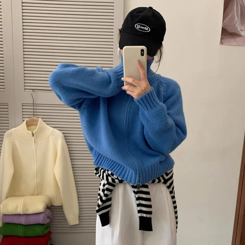 

American Retro Sporty Cardigan Woman Double Zipper Chic Streetwear Knitted Sweater Coat Autumn Y2K Chic Stand-Up Collar Cardigan