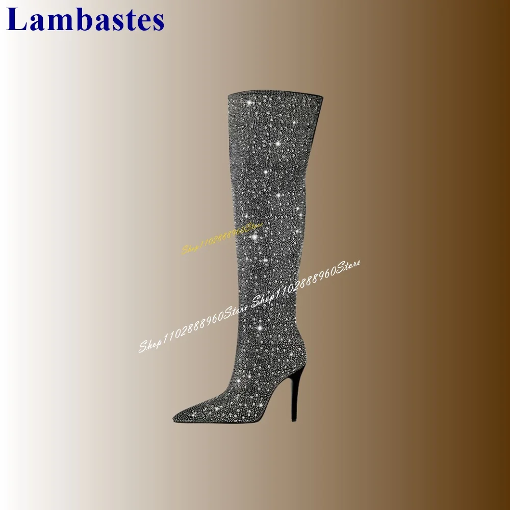 Botas por encima de la rodilla con decoración de cristal negro brillante, Zapatos finos de tacón alto Para Mujer, Zapatos con cremallera lateral y punta estrecha, 2024