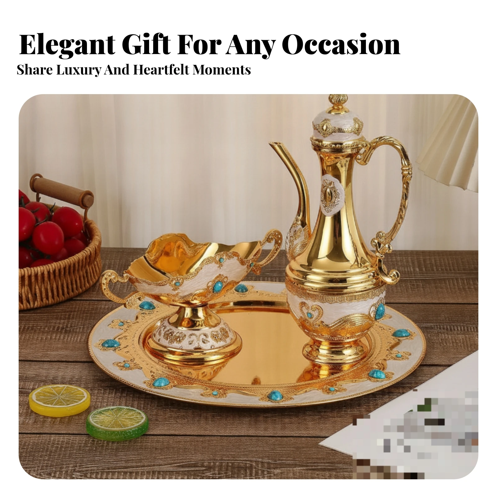 Tableware Gold-Toned Ornate Serving Set Mirrored Center Round Metal Tray Side Handle Drink Serving Set