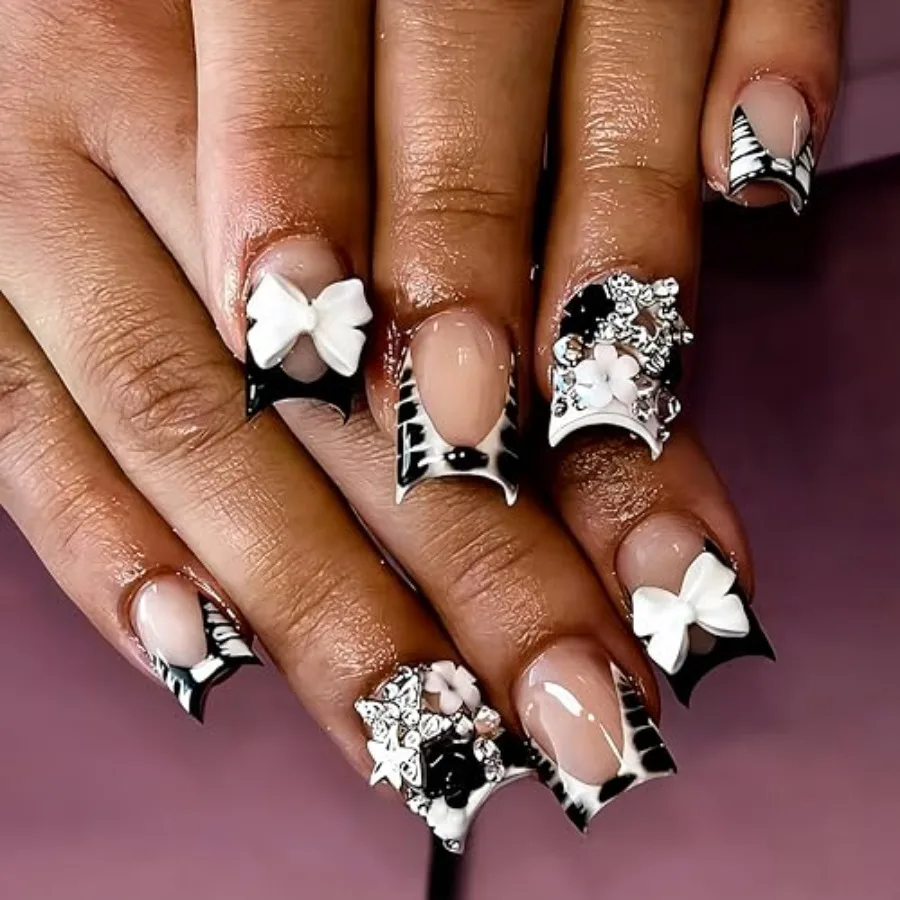 

French Tip Press on Nails Short Square Fake Nails with Bow Charms Designs Black White Zebra Print False Nails Cute Small Flower