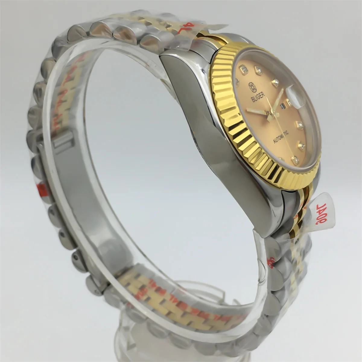 BLIGER 31mm Women's automatic waterproof watch NH05 Two-tone Gold bracelet recessed bezel Sapphire glass Gold white shell dial