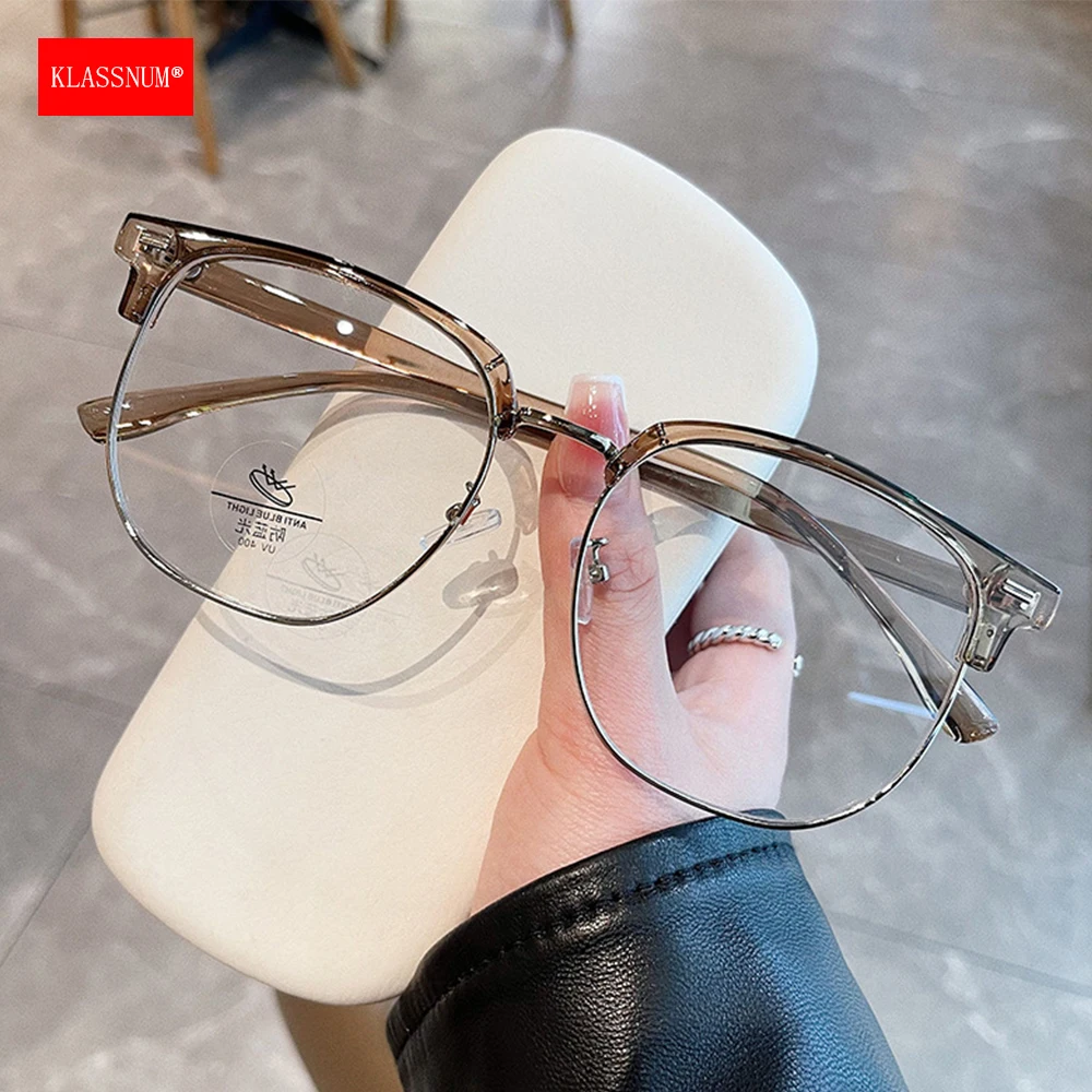 KLASSNUM Men TR90 Frame Metal Anti Blue Light Transparent Glasses Man Retro Browline Half Rim Large Eyeglasses Computer Eyepiece