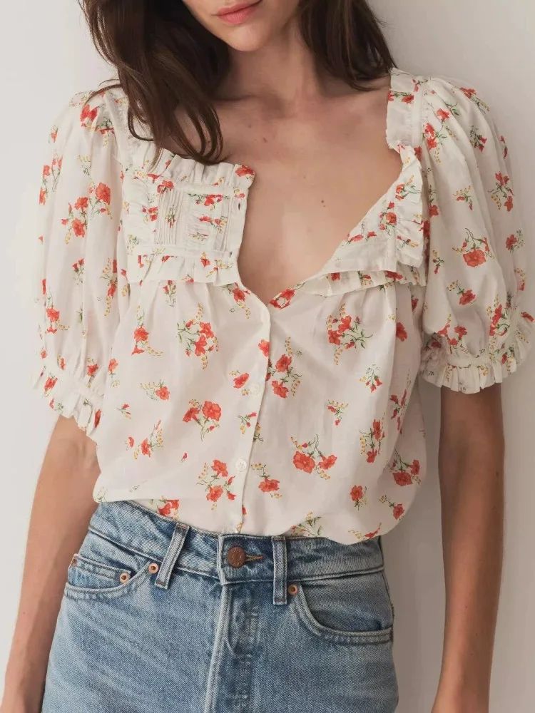 

Flower Print Women Cotton Shirt Ruffles Edge Puff Sleeve Square Collar Fashion Loose Blouse