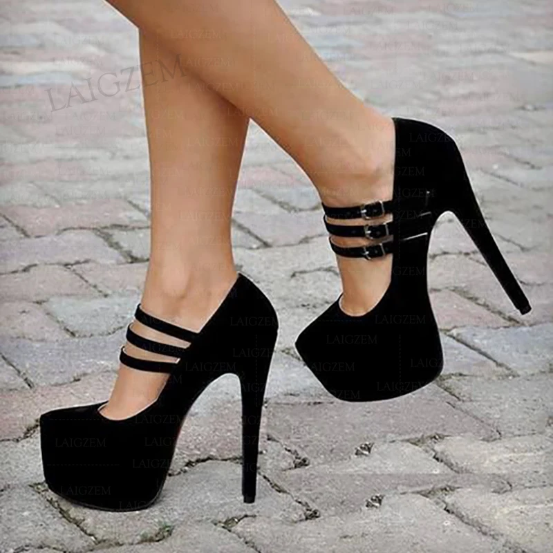 

DOHBANER Women Pumps Faux Suede Round Toe Thin High Heels Sandals Buckle Straps Ladies Party Shoes Woman Big Size 39 40 45 50 52