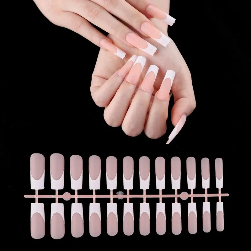 24pcs French Nail Tips False Fake Nails Medium Short Long Rectangular False Nail Easy Wear for Home Office Wear Press on Nails