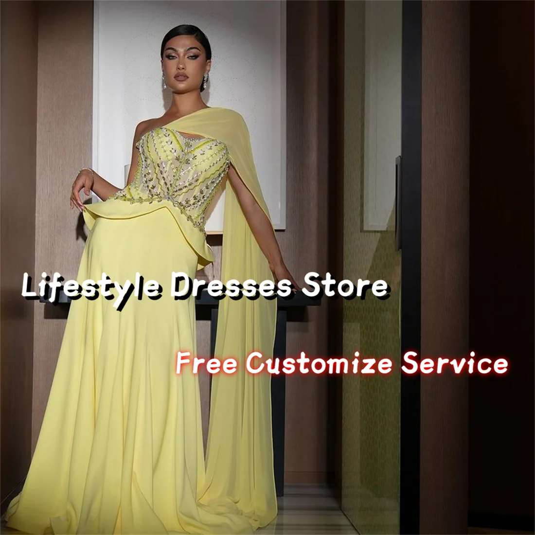 

Crystal Beads Elegant Luxury Evening Dresses 2024 One-Shoulder Long Cape A-Line Formal Wedding Party Gownفساتين للمناسبات الرسمي