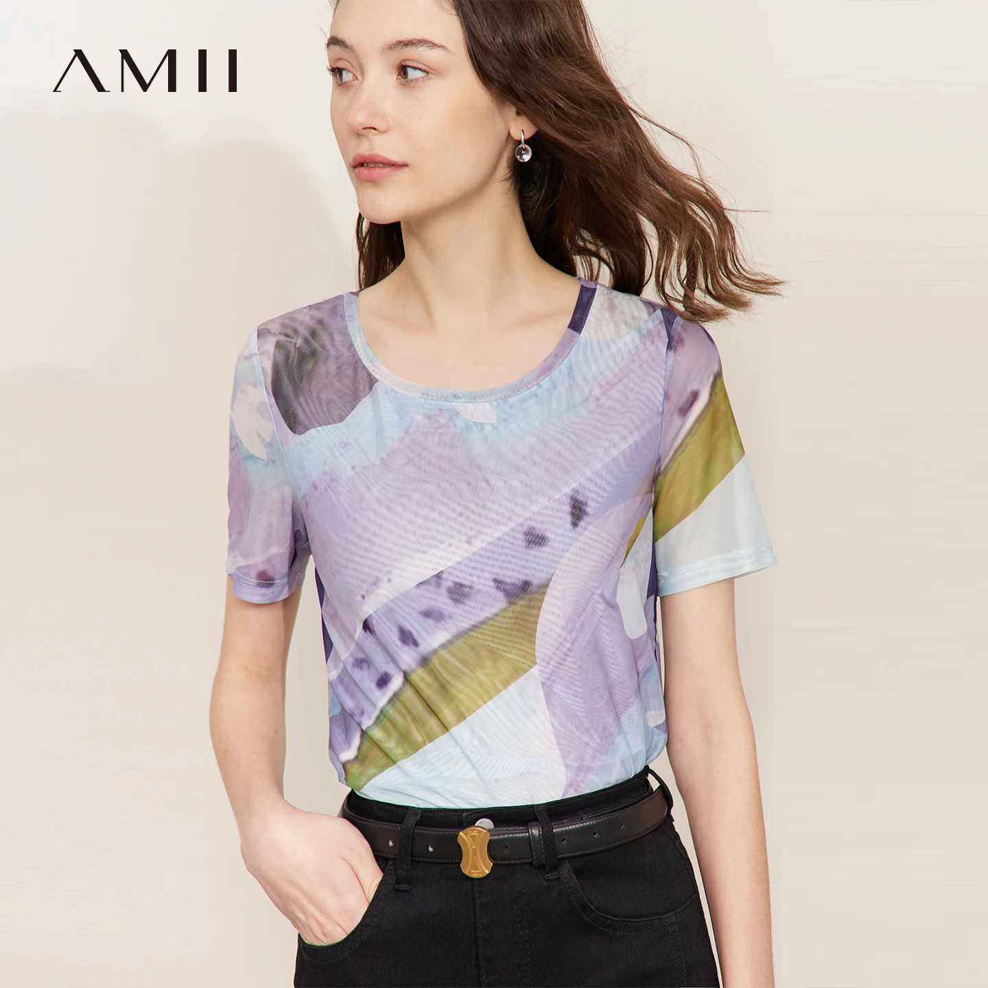 

Amii Women's T-Shirt 2026 Summer New Round Neck Artistic Print Breathable Mesh Tee Casual Short Sleeve Top For Women 12612043