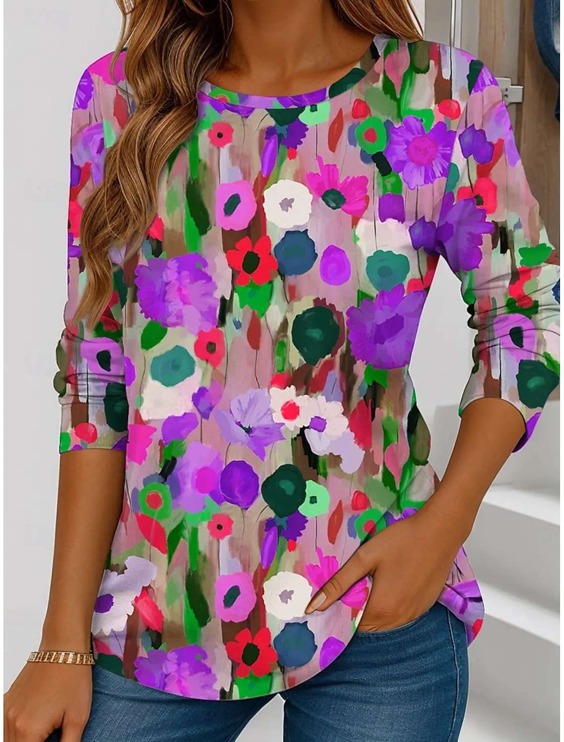 Summer Fashion Women's Floral Graphic Elegant Round Neck Long Sleeve T-Shirt Y2K Casual Tops Womens Clothing Harajuku Pullover