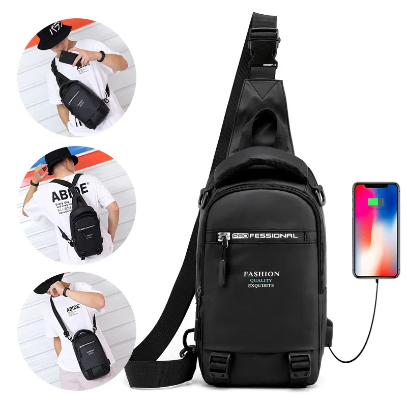 

High Quality Male Nylon Knapsack Daypack Messenger Chest Bags with USB Charging Port Small Men Sling Backpack Rucksack Bag