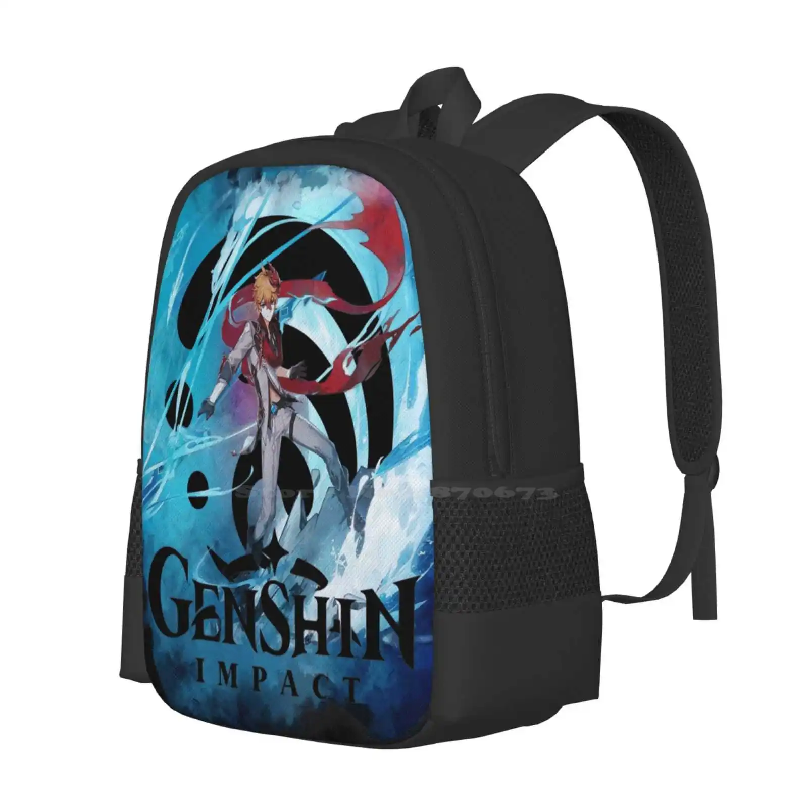 Mochila Genshin Impact Gaming, Bolsa de Estudante Aquarela Tartaglia 3D Print Design, Husbando Video, Venti Jean Diona Kequing