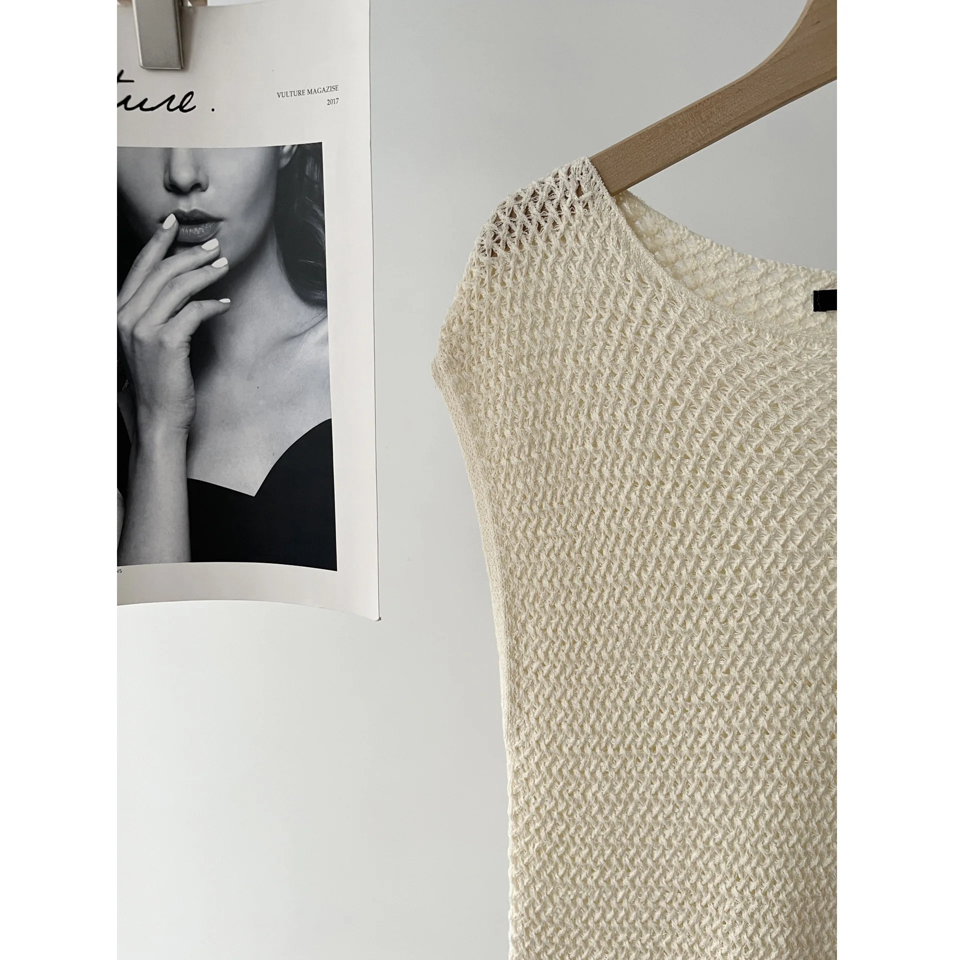 سترة نسائية صيفية جديدة محبوكة بفتحة جانبية مجوفة متوسطة وطويلة الأكمام 16A #3