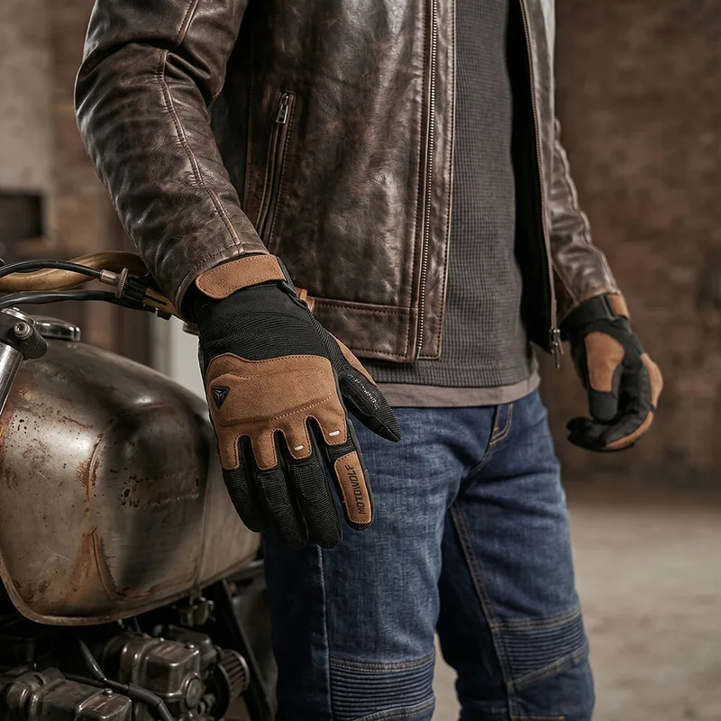 Motowolf Summer Mesh Breathable Brown Retro Motorcycle Gloves Men Touch Screen Full Finger Protective Biker Glove City Street