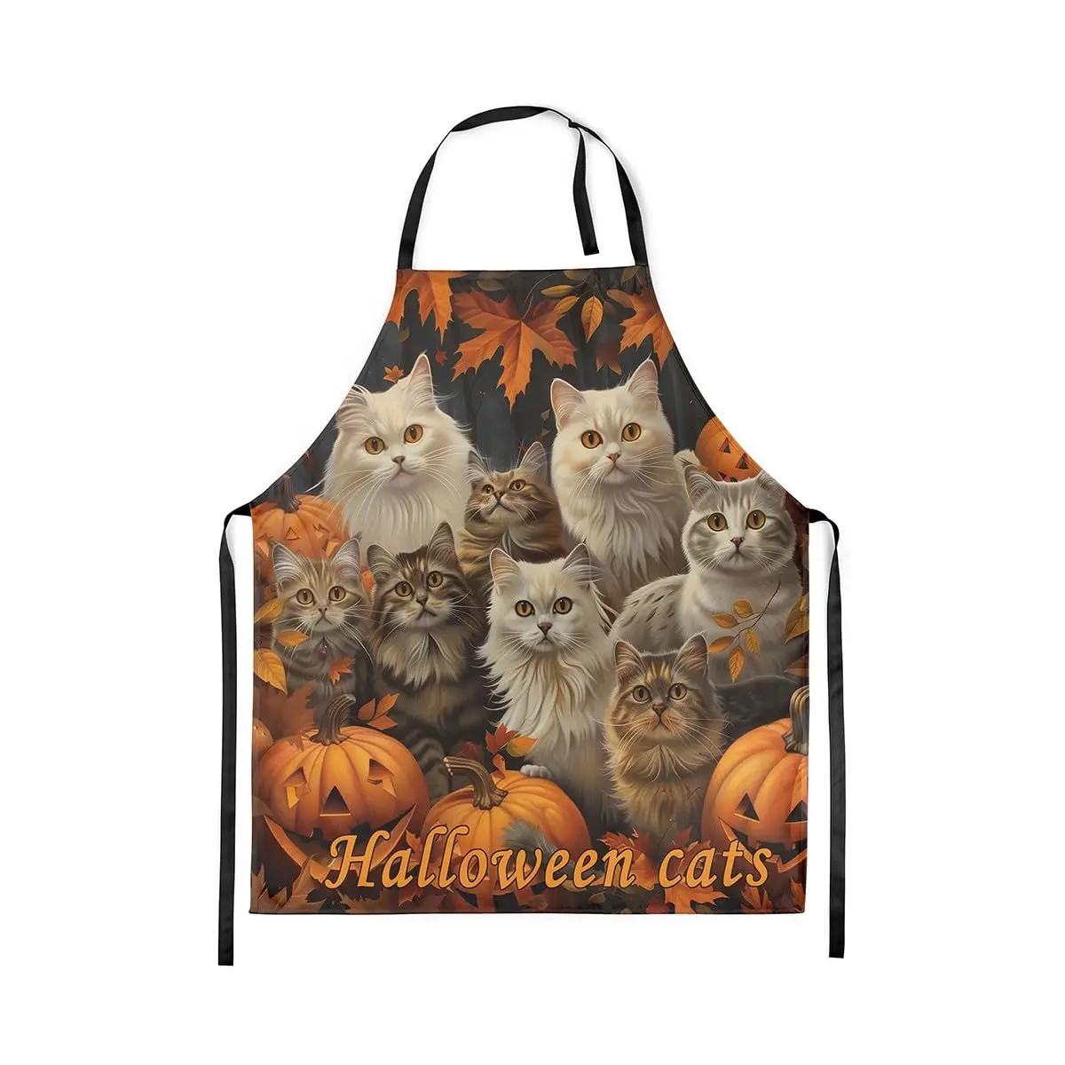 

Cute Watercolor Cats Apron Happy Halloween Lovely Animals Apron for Adults Fall Orange Pumpkin Maple Leaves Waterproof Apron